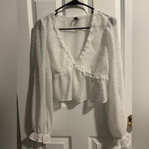 H&M White Textured Ruffle Blouse